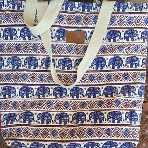 Elephant Pattern Tote Bag - Blue and Cream